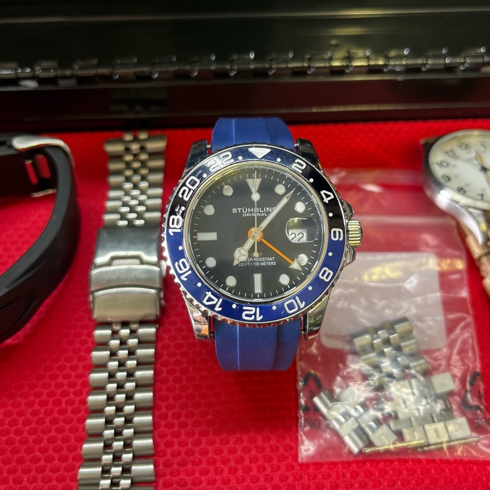 Stuhrling Original Black and Blue GMT Diver Men's Watch - Picture 2 of 3
